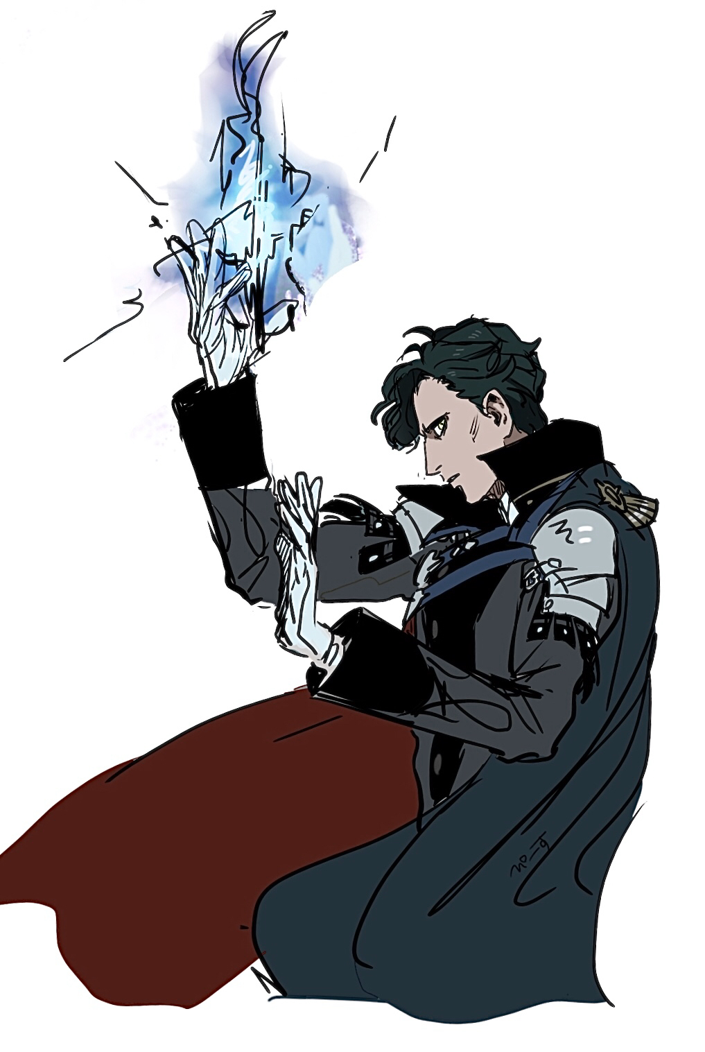 1boy armor arms_up black_hair cape fire fire_emblem fire_emblem:_three_houses from_side gloves hair_over_one_eye highres hubert_von_vestra long_sleeves looking_at_viewer nintendo parted_lips pauldrons peace_(hanaa) short_hair shoulder_armor simple_background single_pauldron upper_body white_background white_gloves yellow_eyes