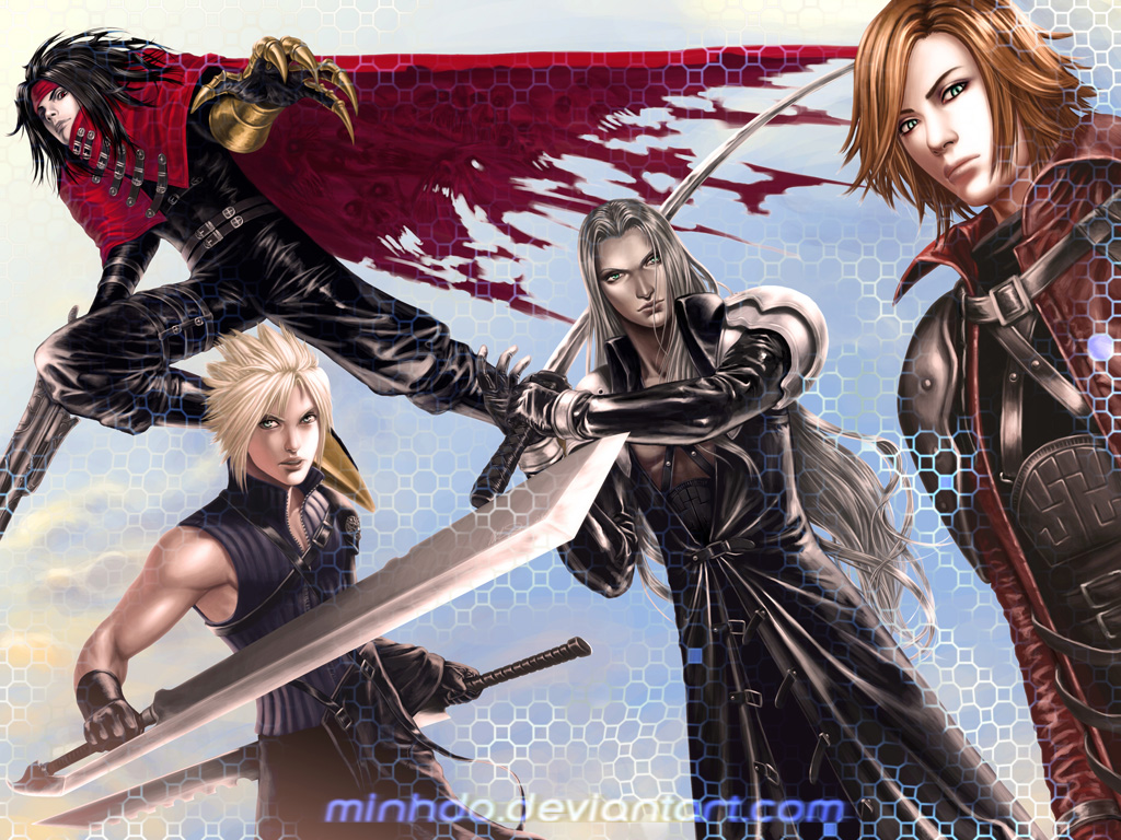 00s 1990s_(style) 4boys armor black_hair blonde_hair cape claws cloak cloud_strife crisis_core_final_fantasy_vii dirge_of_cerberus_final_fantasy_vii dual_wielding final_fantasy final_fantasy_vii final_fantasy_vii_advent_children genesis_rhapsodos gloves green_eyes gun headband holding long_hair mako_eyes male_focus minh_do multiple_boys open_mouth orange_hair pauldrons realistic red_cape red_eyes sephiroth short_hair shoulder_armor silver_hair sleeveless sword vincent_valentine weapon