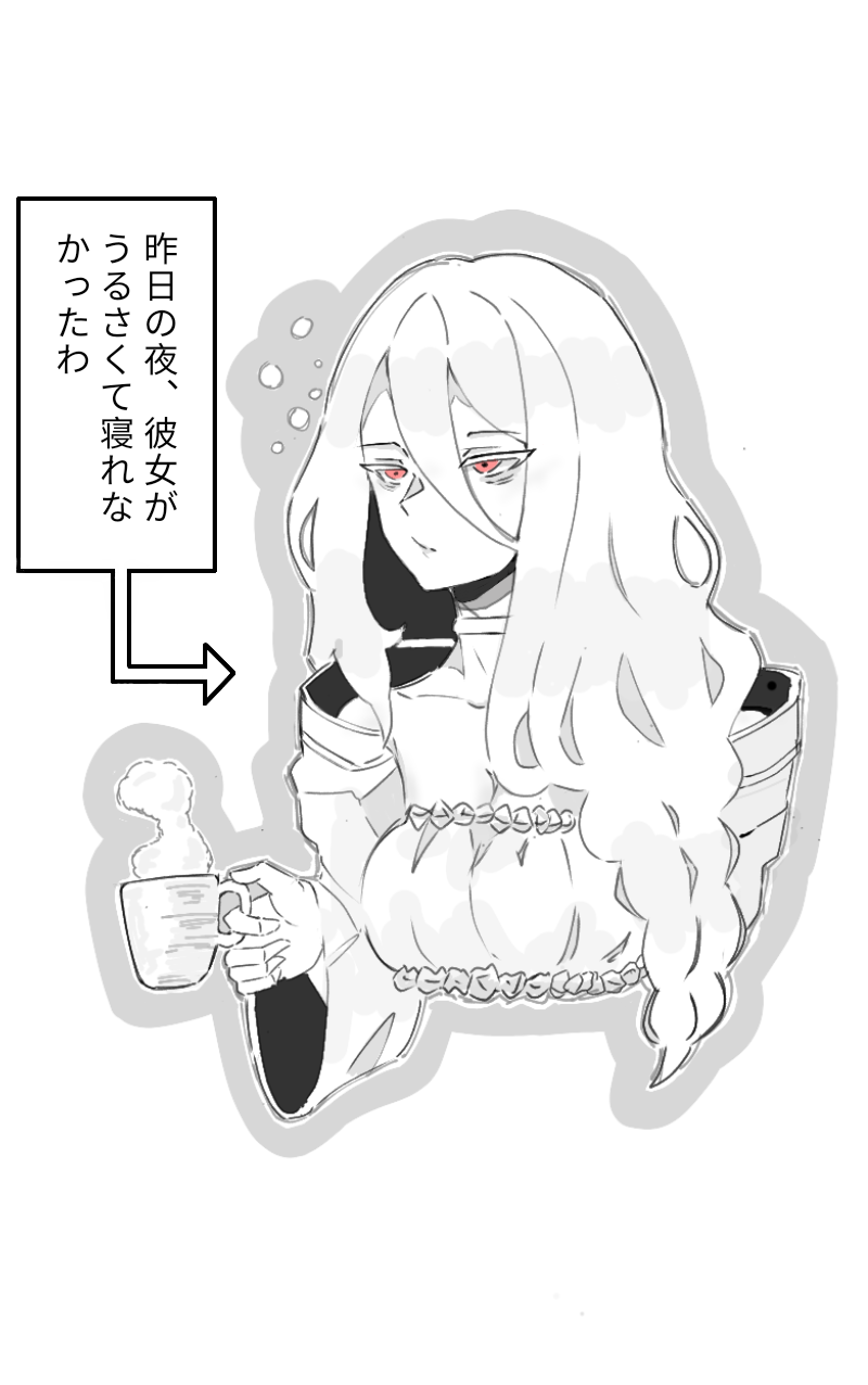 braid coffee_mug commentary cup highres kumo_desu_ga_nani_ka? kumoko_(kumo_desu_ga_nani_ka?) mug red_eyes shiraori single_braid sleepy squeans translation_request white_hair