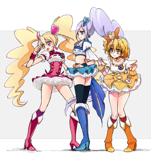 00s 3girls aono_miki blonde_hair blue_footwear blue_skirt blue_thighhighs boots bow choker cure_berry cure_peach cure_pine dress drill_hair earrings fresh_precure! frilled_dress frilled_skirt frills hair_ornament hair_ribbon happy heart heart_hair_ornament high_heels jewelry knee_boots kneehighs long_hair looking_afar magical_girl midriff momozono_love multiple_girls open_mouth orange_dress orange_eyes orange_hair orange_legwear pink_bow pink_dress pink_eyes pink_footwear pink_legwear ponytail precure puffy_sleeves purple_eyes purple_hair ribbon shijima_(agkm) shirt short_hair side_ponytail skirt smile socks standing thighhighs thighs twintails very_long_hair wrist_cuffs yamabuki_inori