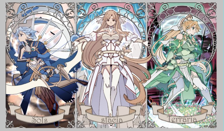 3girls absurdly_long_hair annihilate_ray armor asuna_(sao) asuna_(stacia)_(sao) blonde_hair blue_armor blue_eyes blue_hair bow_(weapon) breastplate breasts brown_eyes brown_hair card_(medium) character_name cleavage commentary_request edoya_inuhachi garter_straps green_armor green_eyes hair_ornament hip_armor holding holding_bow_(weapon) holding_sword holding_weapon leafa_(sao) leafa_(terraria)_(sao) long_hair medium_breasts midriff multiple_girls navel pelvic_curtain radiant_light sheath sheathed short_hair short_hair_with_long_locks shoulder_armor single_shoulder_pad sinon sinon_(solus) sword sword_art_online sword_art_online:_alicization sword_art_online:_alicization_-_war_of_underworld verdurous_anima very_long_hair weapon