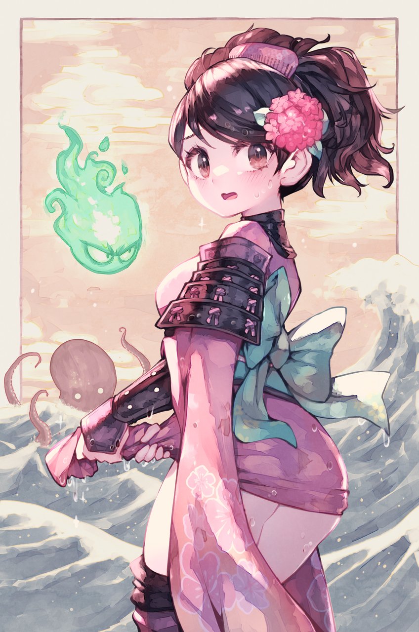 1girl ass black_hair breasts fire flower flower_on_head flower_print from_side highres huge_ass large_breasts long_hair momohime oboro_muramasa octopus parororo short thick_thighs thighs water wet wet_clothes
