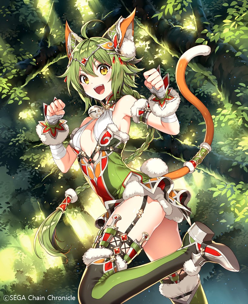 1girl ahoge animal_ear_fluff animal_ears arm_strap bandages bare_shoulders bell black_thighhighs blush braid braided_ponytail breasts bush cat_ears cat_girl cat_tail chain_chronicle collar day detached_collar dress forest fur-trimmed_shorts fur_trim garter_straps green_dress green_hair hair_between_eyes halterneck jingle_bell leg_up legwear_garter lince_(chain_chronicle) looking_at_viewer low_ponytail low_tied_hair nardack nature neck_bell official_art open_mouth outdoors outline short_shorts shorts single_braid single_legwear_garter small_breasts smile solo standing tail thigh_strap thighhighs tiara tree wrist_cuffs yellow_eyes