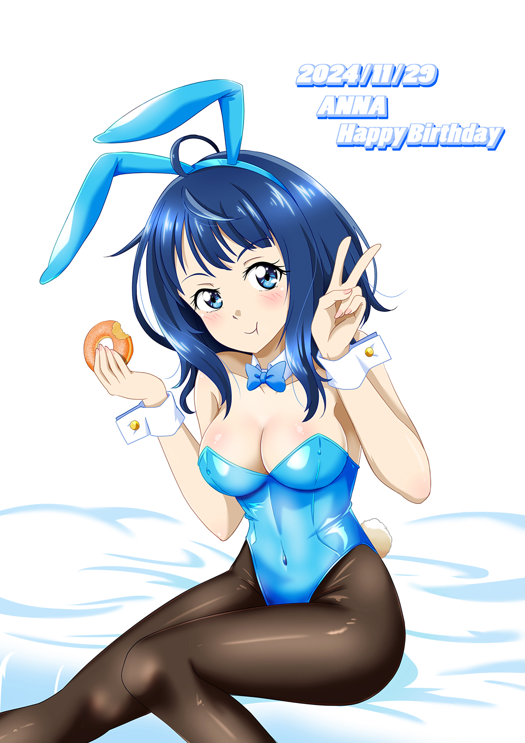 1girl animal_ears bare_legs black_pantyhose blue_bow blue_bowtie blue_eyes blue_hair blue_leotard bow bowtie breasts chinese_commentary cleavage commentary_request covered_navel dated detached_collar doughnut eating feet_out_of_frame food gx9900wing happy_birthday highleg highleg_leotard highres leotard make_heroine_ga_oo_sugiru! medium_breasts medium_hair pantyhose playboy_bunny rabbit_ears rabbit_tail simple_background sitting solo strapless strapless_leotard tail v white_background wrist_cuffs yanami_anna