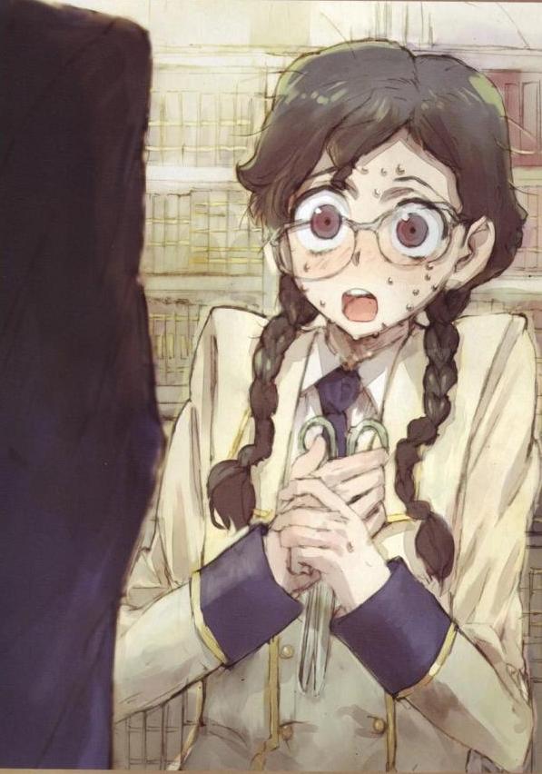 00s 1girl black_hair book braid code_geass female_focus glasses jpeg_artifacts long_hair necktie nina_einstein open_mouth purple_eyes scared school_uniform scissors serafuku solo sweat toi8 twin_braids you_gonna_get_raped