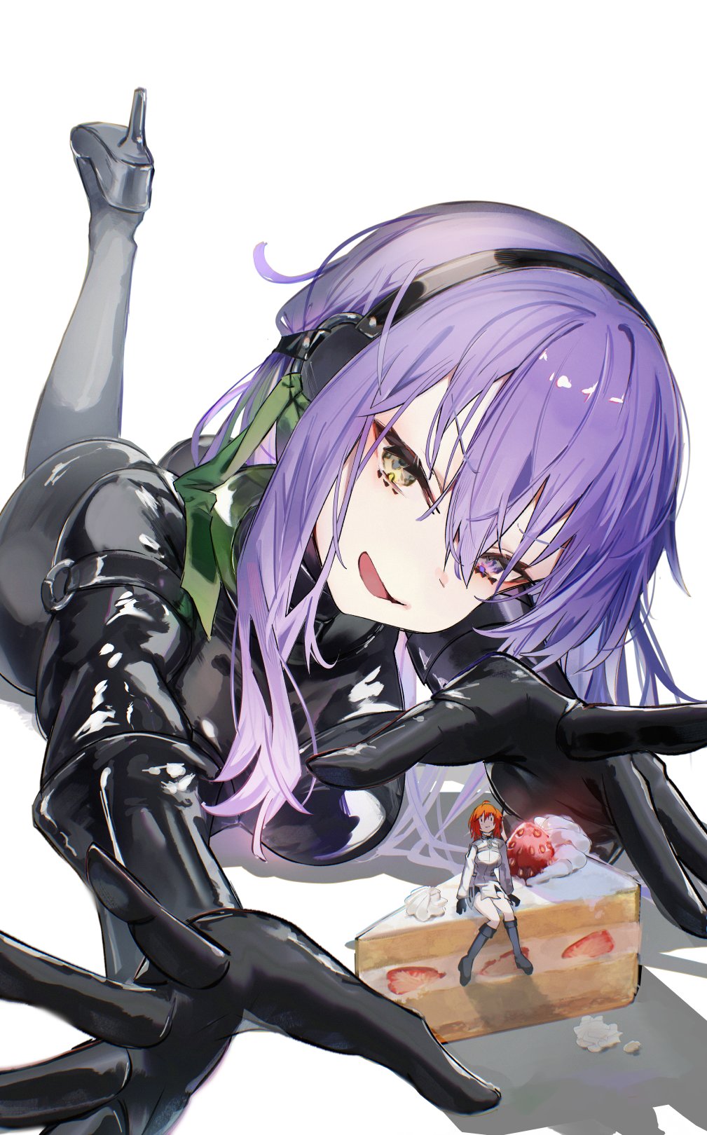 2girls ahoge arm_strap ass black_bodysuit black_footwear black_gloves black_hairband bodysuit boots cake cake_slice chaldea_logo closed_mouth dress fate/grand_order fate_(series) food foreshortening fruit fujimaru_ritsuka_(female) fujimaru_ritsuka_(female)_(decisive_battle_chaldea_uniform) fukiya_(fumiakitoyama) giant giantess gimp_suit gloves green_ribbon hair_between_eyes hairband heterochromia high_heels highres icing kingprotea_(fate) knee_boots latex latex_bodysuit leg_up long_hair looking_at_viewer lying medium_hair multiple_girls o-ring o-ring_arm_strap on_stomach open_mouth orange_hair outstretched_arm oversized_food oversized_object purple_eyes purple_hair ribbon shiny_clothes simple_background sitting sitting_on_food skin_tight smile strawberry strawberry_shortcake white_background white_dress xochitonal_(fate) yellow_eyes