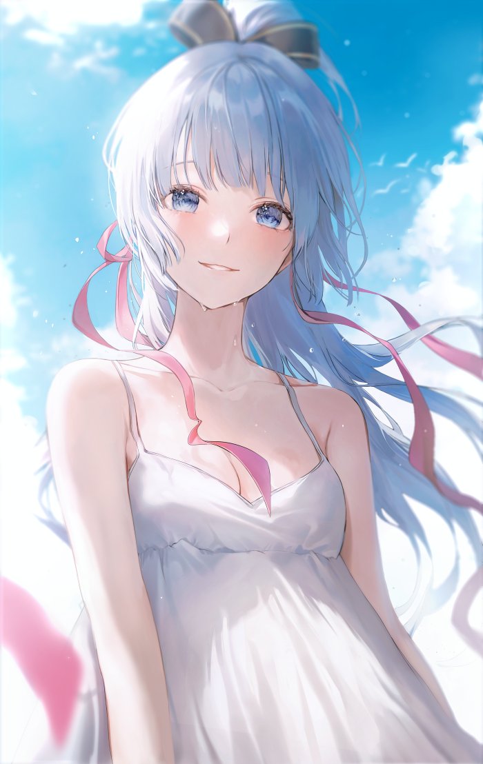 1girl 2sham alternate_costume ayaka_(genshin_impact) bare_arms blue_eyes blue_sky blush breasts collarbone dress genshin_impact hair_lift hair_ornament long_hair looking_at_viewer ponytail ribbon silver_hair sky smile solo striped_clothes striped_dress sweatdrop white_dress