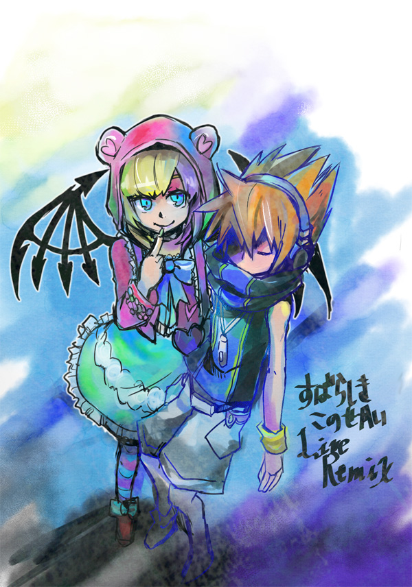 1boy 1girl animal_hood atarashi_coco black_wings blonde_hair bow closed_eyes finger_to_mouth headphones holding hood mp3_player multicolored_hair orange_hair sakuraba_neku spiked_hair spiked_wings subarashiki_kono_sekai wings