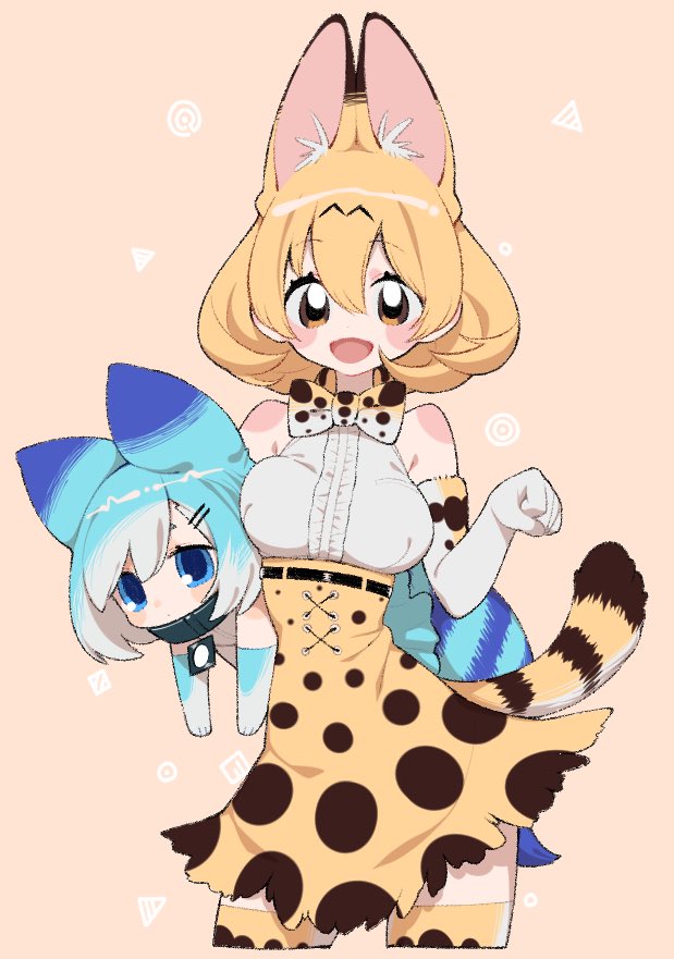 2girls animal_ears black_hair blonde_hair blue_hair blush bow bowtie breasts collar elbow_gloves extra_ears gloves humanization kemono_friends large_breasts looking_at_viewer lucky_beast_(kemono_friends) multiple_girls notora open_mouth print_bow print_bowtie serval_(kemono_friends) serval_print shirt short_hair skirt sleeveless sleeveless_shirt smile tail thighhighs