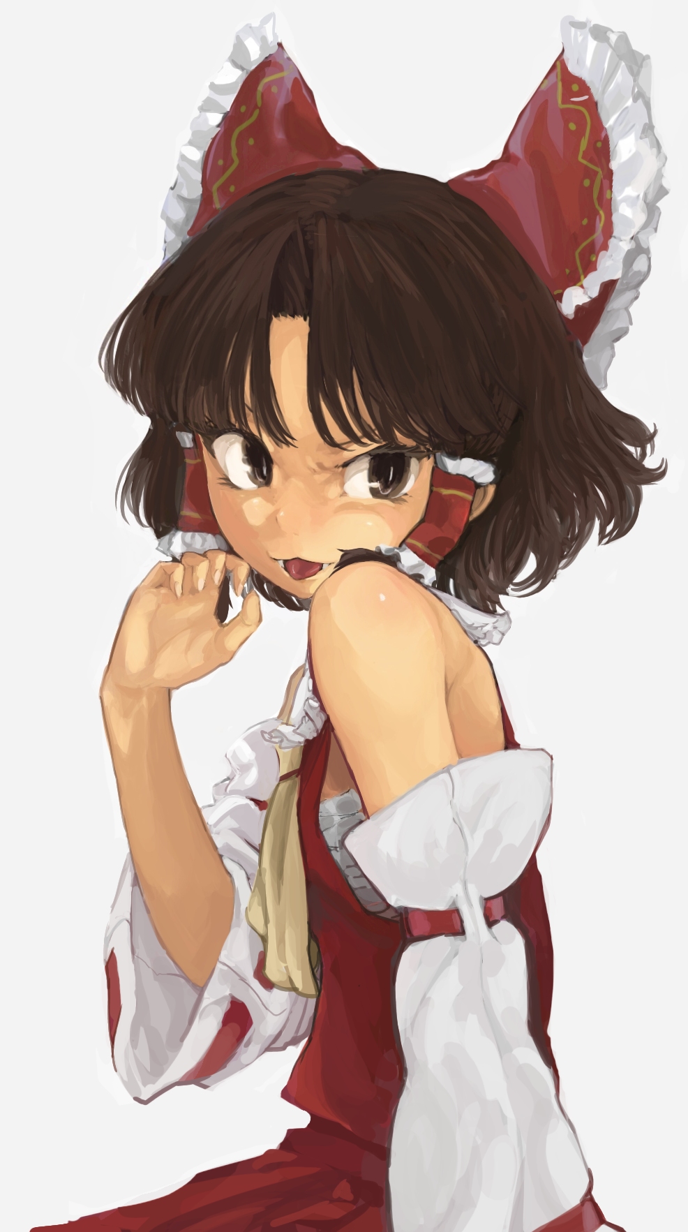 1girl :3 benikurage_(cookie) bow breasts brown_eyes brown_hair claw_pose commentary_request cookie_(touhou) cowboy_shot detached_sleeves fangs frilled_bow frilled_hair_tubes frills hair_bow hair_tubes hakurei_reimu highres looking_at_viewer medium_hair necktie open_mouth parted_bangs red_bow red_shirt red_skirt ribbon-trimmed_sleeves ribbon_trim sarashi shirt simple_background skirt sleeveless sleeveless_shirt small_breasts solo tongue tongue_out touhou white_background white_sleeves yellow_necktie yma