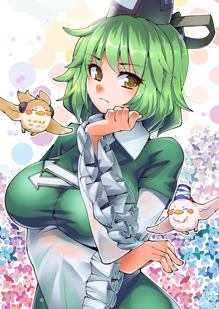 1girl animalization arrow_(symbol) bird blush breasts chicken dress earmuffs eyebrows female_focus floral_background frills green_dress green_hair hat large_breasts layered_sleeves long_sleeves looking_at_viewer mononobe_no_futo mononobe_no_futo_(chicken) owl short_hair short_over_long_sleeves short_sleeves smile soga_no_tojiko solo sweatdrop tate_eboshi touhou toyosatomimi_no_miko toyosatomimi_no_miko_(owl) umigarasu_(kitsune1963) upper_body wide_sleeves yellow_eyes