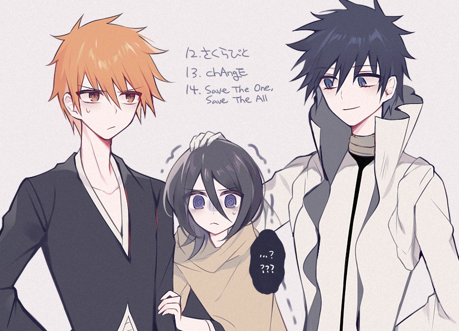 1girl 2boys :&lt; ? @_@ aaroniero_arruruerie black_hair bleach blue_eyes boy_sandwich brown_cloak brown_eyes cloak closed_mouth commentary double-parted_bangs english_text eyelashes eyes_visible_through_hair frown g_ieep gloves grey_background hair_between_eyes hand_up headpat kuchiki_rukia kurosaki_ichigo look-alike looking_at_another looking_at_viewer medium_hair multiple_boys orange_hair purple_eyes sandwiched sanpaku scared shiba_kaien shihakusho short_hair side-by-side simple_background smirk speech_bubble spiked_hair spoken_question_mark trembling tsurime upper_body white_gloves