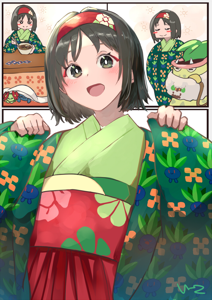 1girl :d bellossom blush blush_stickers bowl bright_pupils character_print chopsticks closed_mouth commentary_request creatures_(company) e-co erika_(pokemon) floral_print game_freak gen_1_pokemon gen_2_pokemon gen_5_pokemon green_kimono hairband hakama hakama_skirt hands_up holding holding_bowl holding_chopsticks japanese_clothes kimono kotatsu nintendo oddish open_mouth pokemon pokemon_(creature) pokemon_lgpe red_hairband red_hakama red_sash sash skirt smile table themed_object victreebel whimsicott white_pupils