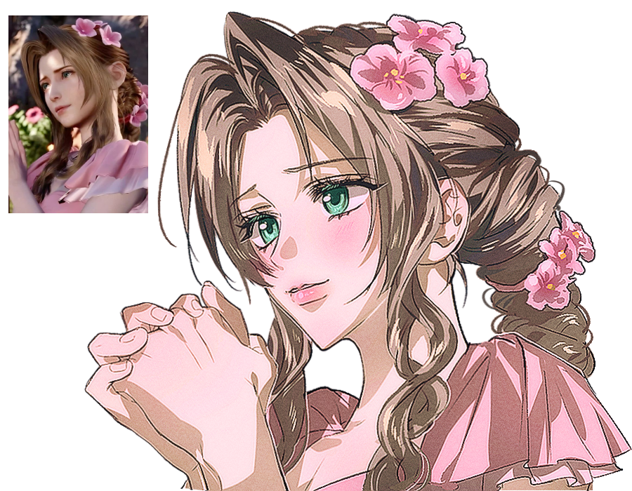 aerith_gainsborough aerith_gainsborough_(floral_delight) blush braid braided_ponytail breasts brown_hair cleavage derivative_work final_fantasy final_fantasy_vii final_fantasy_vii_rebirth final_fantasy_vii_remake fire flower frilled_sleeves frills green_eyes hair_flower hair_ornament long_hair medium_breasts neveromance official_alternate_costume own_hands_clasped own_hands_together parted_bangs parted_lips pink_fire pink_shirt screenshot_redraw shirt sidelocks single_braid smile upper_body wavy_hair white_background