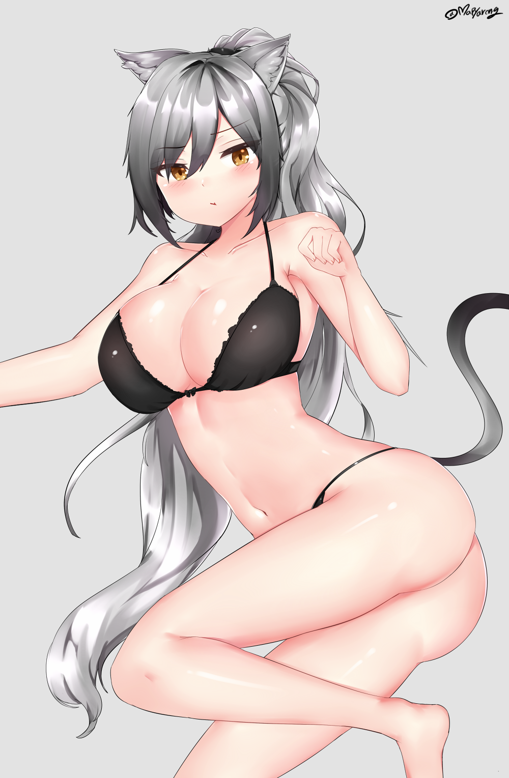 1girl animal_ears arknights ass bare_arms bare_legs bare_shoulders barefoot black_bra black_panties blush bra breasts brown_eyes cat_ears cat_tail commentary_request grey_background hair_between_eyes hand_up highres korean_commentary large_breasts long_hair looking_at_viewer mapyarong navel panties schwarz_(arknights) silver_hair simple_background solo stomach tail thighs underwear underwear_only very_long_hair