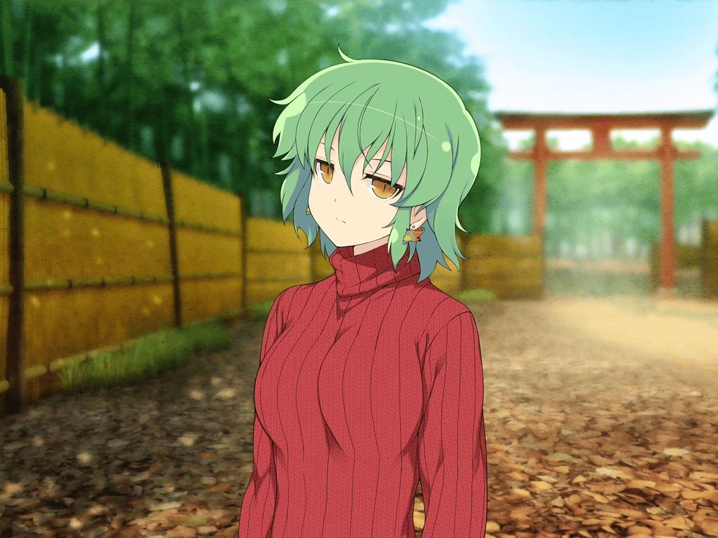 1girl architecture bamboo bamboo_fence bamboo_forest blue_sky breasts closed_mouth day earrings east_asian_architecture fence forest grass green_hair hikage_(senran_kagura) jewelry large_breasts leaf looking_at_viewer nature official_art outdoors red_sweater ribbed_sweater senran_kagura senran_kagura_new_link senran_kagura_shoujo-tachi_no_shin&#039;ei short_hair sky slit_pupils solo sweater torii upper_body yaegashi_nan yellow_eyes