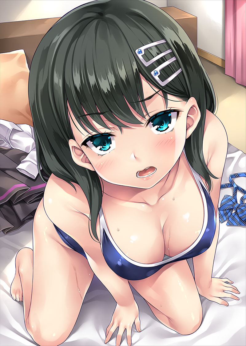 1girl arm_support bed black_hair black_skirt blue_bow blue_bowtie blue_eyes blue_one-piece_swimsuit bow bowtie breasts cleavage collarbone commentary_request curtains full_body indoors kneeling leaning_forward long_hair medium_breasts mizuhara_yuu on_bed one-piece_swimsuit open_mouth original pillow shirt skirt solo sweat swimsuit unworn_bowtie unworn_shirt unworn_skirt white_shirt