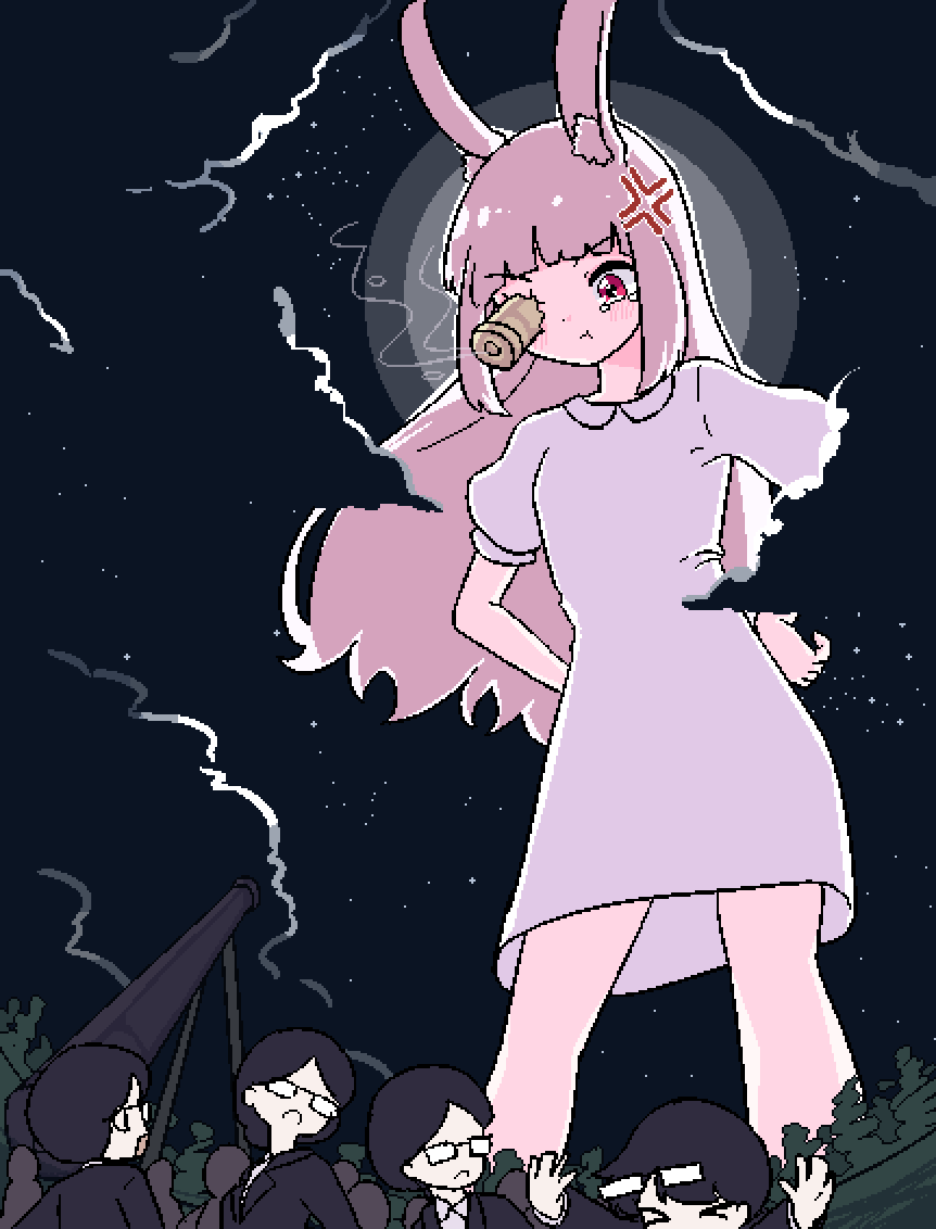 1girl a_trip_to_the_moon anger_vein angry animal_ears bad_id bad_twitter_id blush bullet chibikki closed_mouth commentary english_commentary feet_out_of_frame giant giantess long_hair moon_rabbit night original outdoors people pink_hair pout rabbit_ears rabbit_girl red_eyes solo_focus standing tears