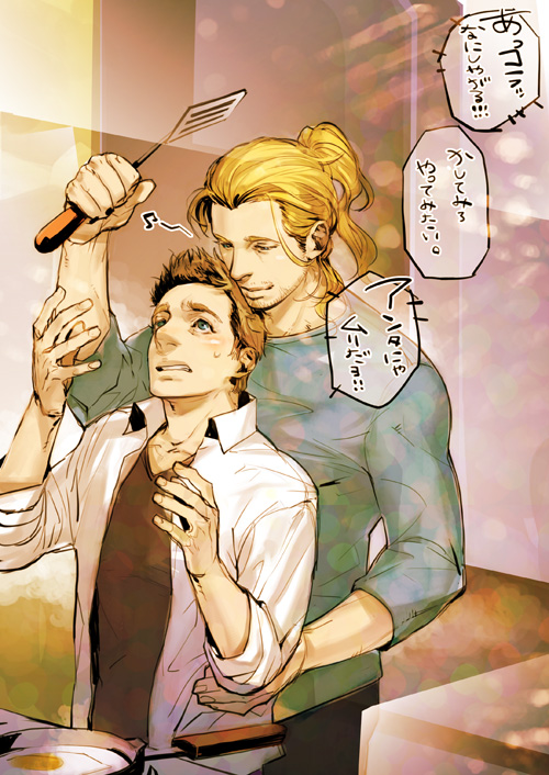 2boys animification apron avengers_(series) big_nose brown_hair casual clint_barton hair_up height_difference hideono6 male_focus marvel multiple_boys short_ponytail spatula thor_(marvel) translation_request