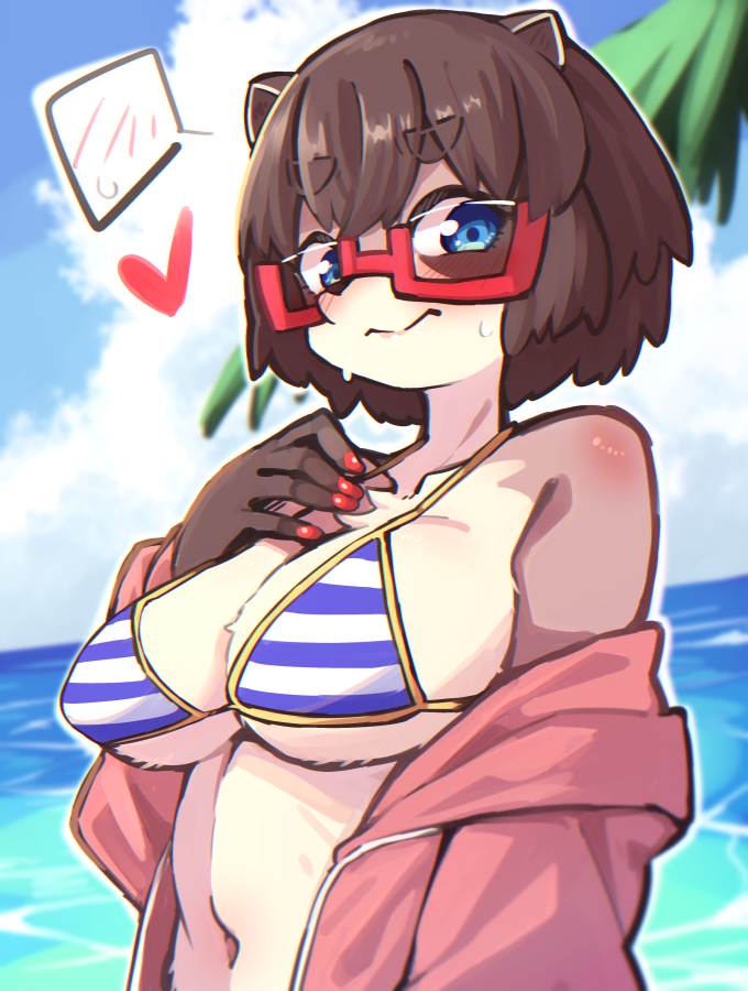 1girl animal_ears bikini blue_eyes blush brown_hair furry glasses heart jacket nail_polish ocean original red-framed_eyewear spoken_blush striped_bikini striped_clothes swimsuit thick_eyebrows yuuki_(yuyuki000)