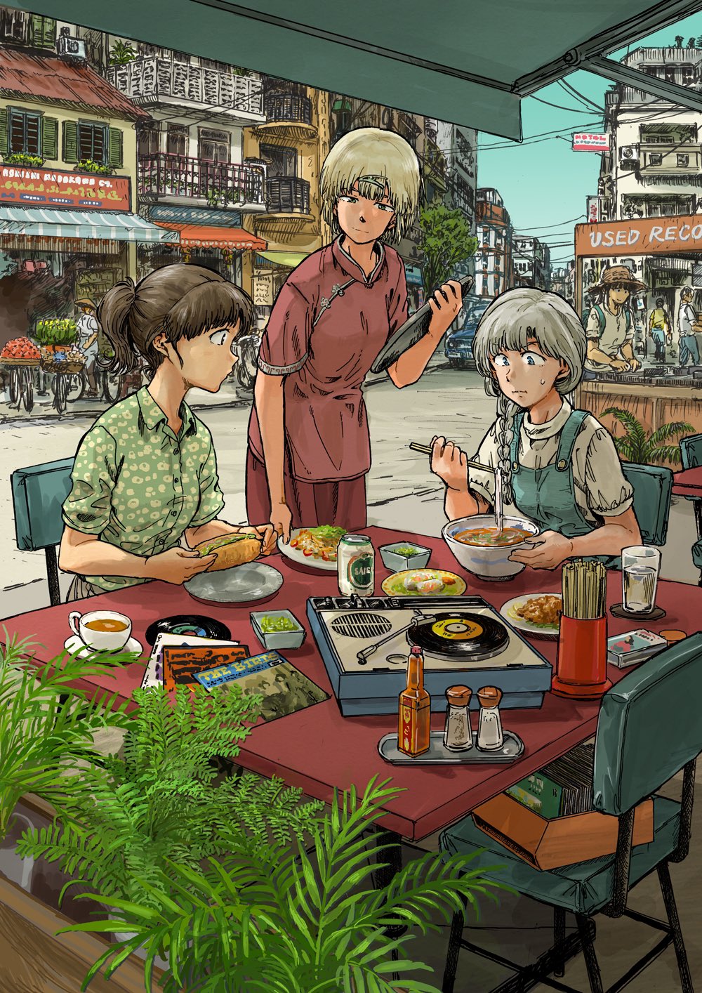 3girls 4boys awning balcony blonde_hair bowl building can car chair chinese_clothes chopsticks closed_mouth commentary cup drinking_glass english_commentary fern food grey_hair hair_ornament hair_over_shoulder hairclip highres holding holding_food market_stall motor_vehicle multiple_boys multiple_girls noodles original overalls phonograph plant plate ponytail potted_plant print_shirt ramen record ryouichirou_kezuka shirt short_sleeves sign storefront sweatdrop table tea teacup tray waitress