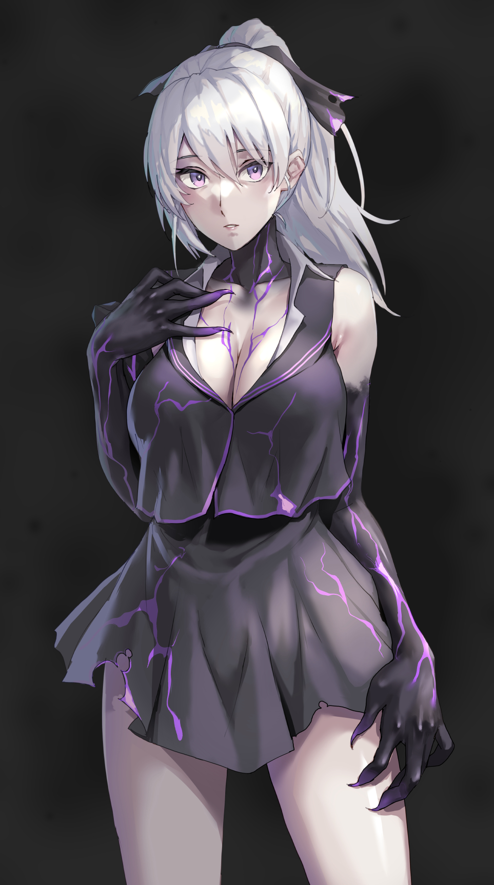 1girl abyssal_ship aircraft_carrier_princess_ii black_dress breasts claws cleavage collarbone cowboy_shot dress hair_between_eyes highres kantai_collection kokuzou large_breasts long_hair looking_at_viewer open_mouth pale_skin ponytail purple_eyes solo white_hair