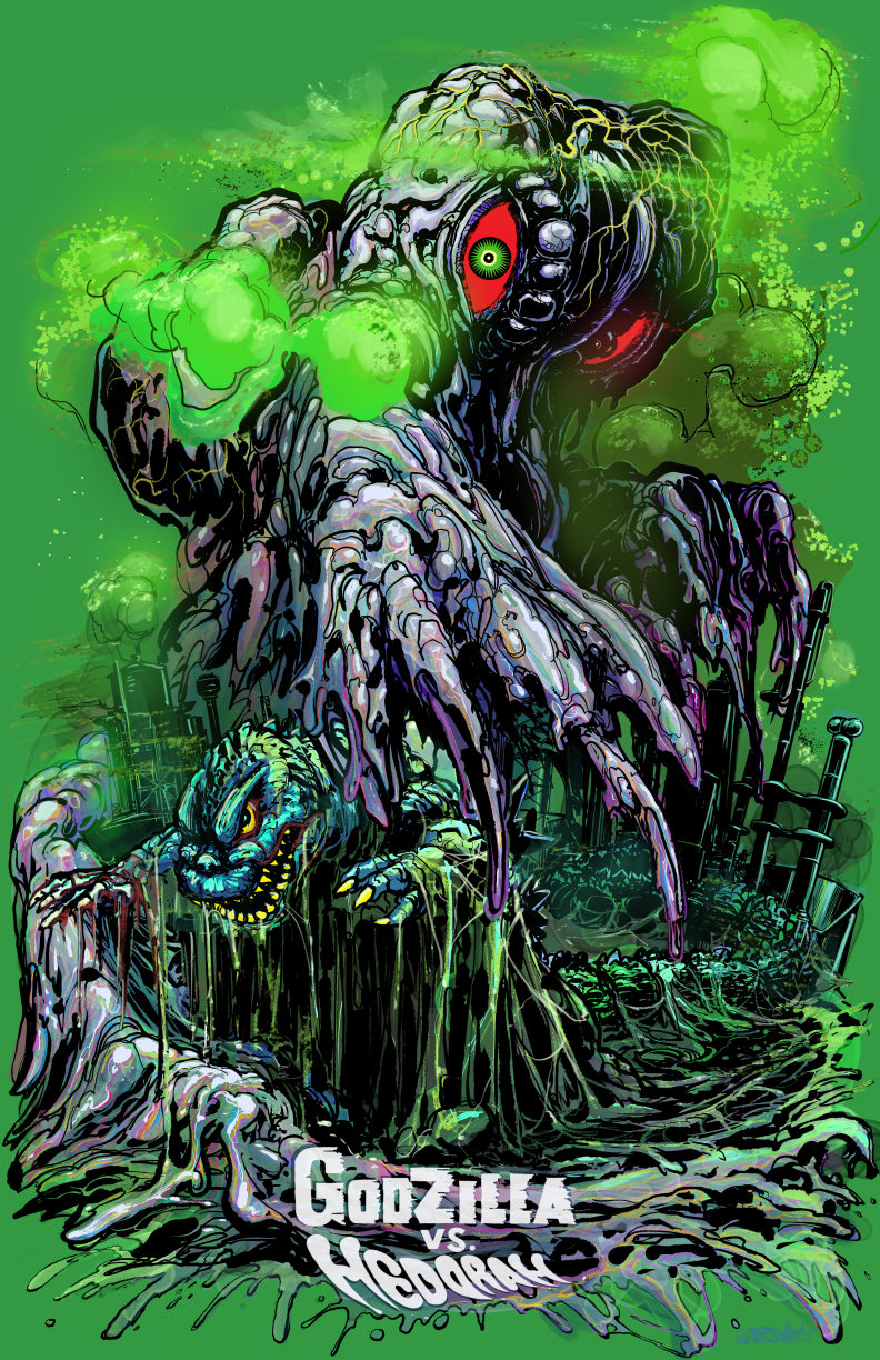 alien blood bone colored_sclera dinosaur english_text fog giant giant_monster glowing glowing_eyes glowing_veins godzilla godzilla_(series) godzilla_vs._hedorah green_background green_eyes hedorah highres jeff_zornow kaiju melting_hand monster no_humans oil_refinery open_mouth pollution red_sclera sea_monster sharp_teeth simple_background slime_(creature) smog smoke smokestack space_monster spikes tail teeth veins yellow_eyes