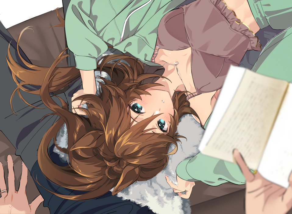 1boy 1girl alternate_costume animal_ears black_pants blurry blurry_foreground book breasts brown_hair brown_shirt camisole couch crop_top green_eyes green_jacket holding holding_book horse_ears jacket jewelry lap_pillow long_hair looking_at_viewer loungewear midriff mr._c.b._(umamusume) necklace open_clothes open_jacket pants parted_lips pillow pov ring ring_necklace shirt sitting small_breasts taromarun trainer_(umamusume) umamusume