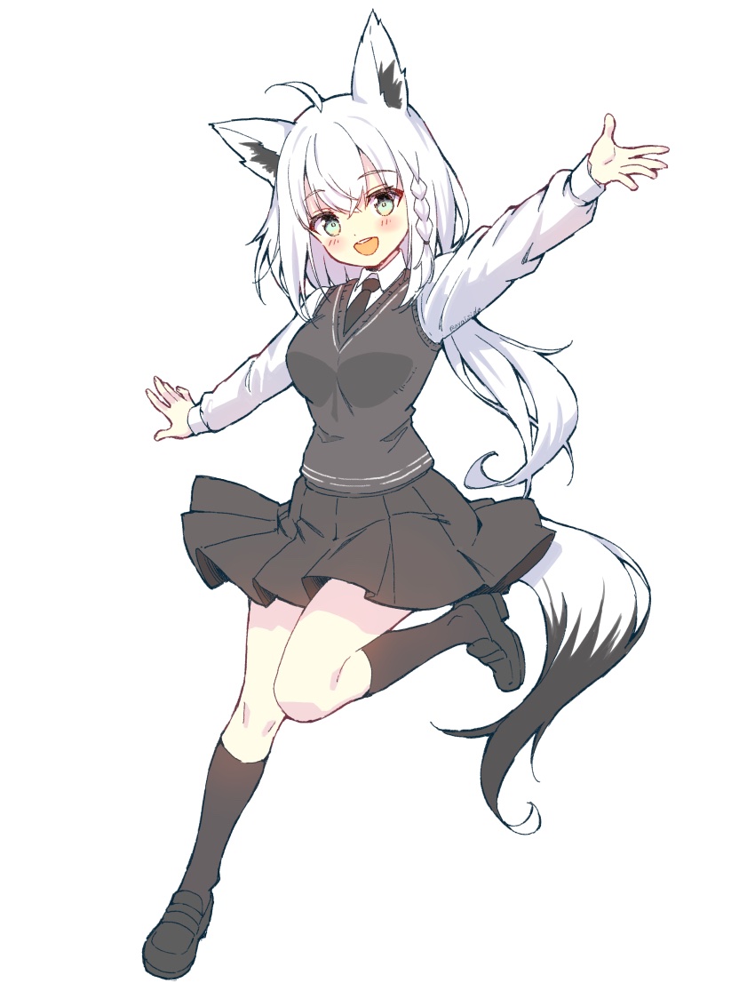 1girl ahoge animal_ear_fluff animal_ears black_cardigan black_footwear black_necktie black_skirt black_socks blush braid breasts cardigan collared_shirt commentary_request fox_ears fox_girl fox_tail green_eyes hair_between_eyes hololive ishida_aya leg_up loafers long_hair looking_at_viewer necktie open_mouth outstretched_arms pleated_skirt shirakami_fubuki shirt shoes sidelocks simple_background single_braid skirt smile socks solo tail virtual_youtuber white_background white_hair white_shirt