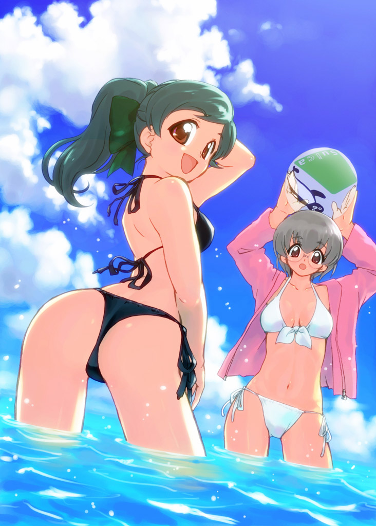 00s 2girls :d :o ass ball beachball bikini black_bikini cloud day dutch_angle from_below front-tie_top glasses green_hair grey_hair jacket long_hair looking_back matsumoto_azusa multiple_girls open_mouth ponytail red_eyes short_hair side-tie_bikini_bottom sky smile swimsuit tessai tetsudou_musume tsujidou_midori wading white_bikini