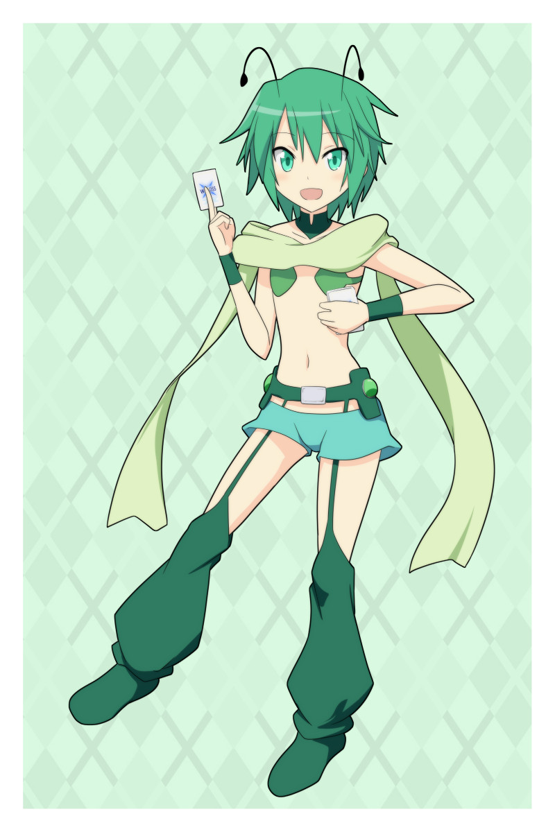 10s 1girl :d androgynous antennae argyle_background argyle_clothes bare_shoulders belt buckle card cato_(monocatienus) cosplay detached_collar female_focus flat_chest garter_belt garter_straps green_eyes green_hair highres leg_warmers look-alike looking_at_viewer matching_hair/eyes micro_bra microskirt midoriko_(wixoss) midoriko_(wixoss)_(cosplay) midriff navel open_mouth petite scarf short_hair shorts skirt smile solo touhou tsurime wixoss wriggle_nightbug wrist_cuffs