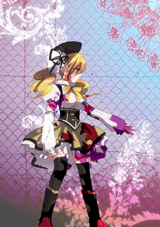 10s 1girl beret blonde_hair blood boots breasts female_focus fingerless_gloves frills gloves gradient_background harumi_chihiro hat magical_girl mahou_shoujo_madoka_magica mahou_shoujo_madoka_magica_(anime) plant pleated_skirt puffy_sleeves skirt solo thighhighs tomoe_mami tomoe_mami_(magical_girl) yellow_eyes zettai_ryouiki