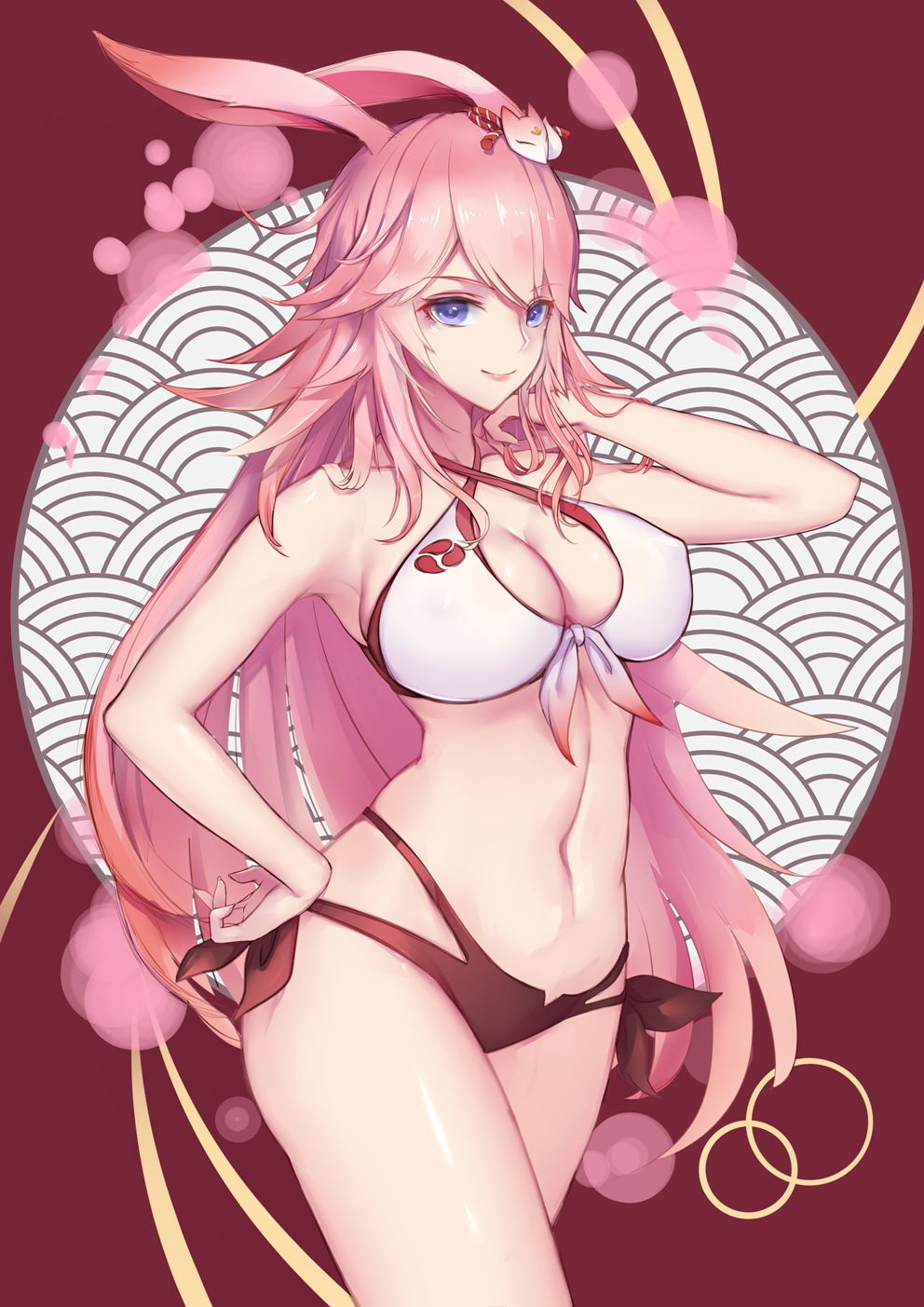 1girl animal_ears animal_hair_ornament benghuai_xueyuan bikini bikini_top_only breasts cleavage closed_mouth criss-cross_halter female_focus fox_ears fox_hair_ornament front-tie_bikini_top front-tie_top halterneck hand_in_own_hair hand_on_own_hip hand_up highres honkai_(series) large_breasts lips liu_lan long_hair looking_at_viewer mismatched_bikini navel rabbit_ears red_bikini red_ribbon ribbon shiny_skin side-tie_bikini_bottom smile solo stomach straight_hair swimsuit thighs very_long_hair white_bikini white_ribbon yae_sakura yae_sakura_(benghuai_xueyuan)