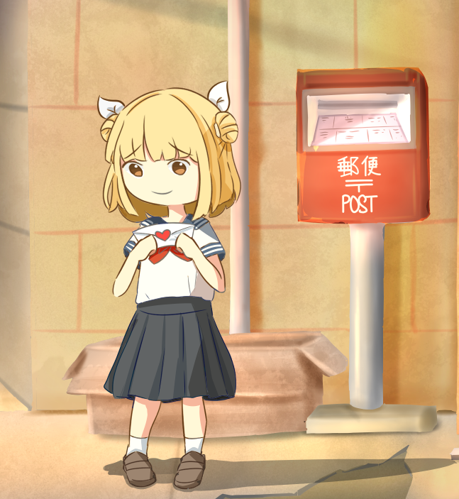 1girl blonde_hair blue_sailor_collar box brown_eyes brown_footwear cardboard_box closed_mouth commentary cyczen drainpipe english_commentary full_body grey_skirt holding holding_letter joutouguu_mayumi letter light_smile love_letter pavement postbox_(outgoing_mail) sailor_collar school_uniform serafuku shoes short_sleeves skirt socks solo standing touhou translation_request white_socks