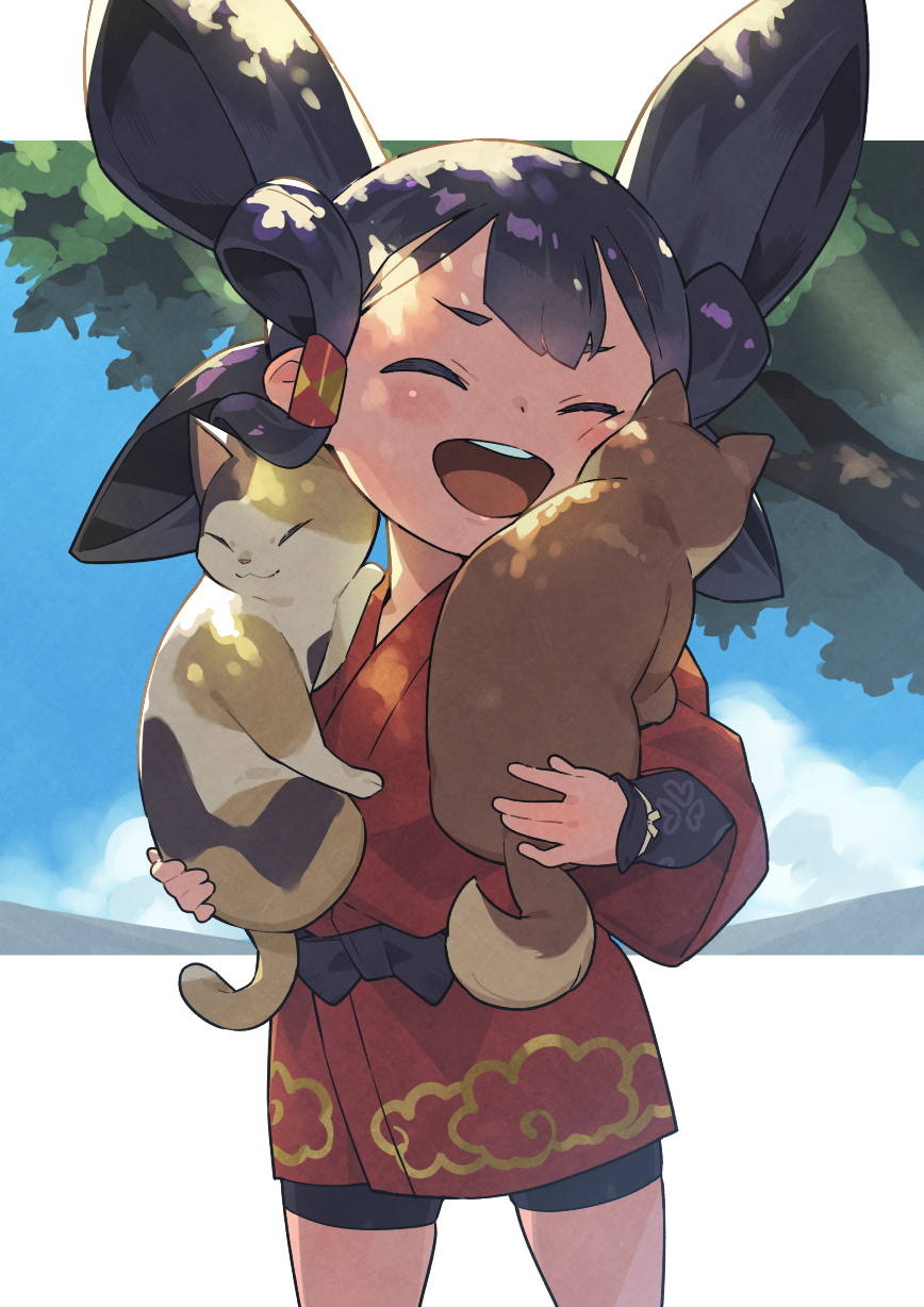 1girl animal black_hair blush cat cloud_print day dog closed_eyes hair_rings highres holding holding_animal holding_cat holding_dog japanese_clothes kimono kin_niku open_mouth outdoors red_kimono sakuna-hime shorts sky teeth tensui_no_sakuna-hime tree upper_teeth_only