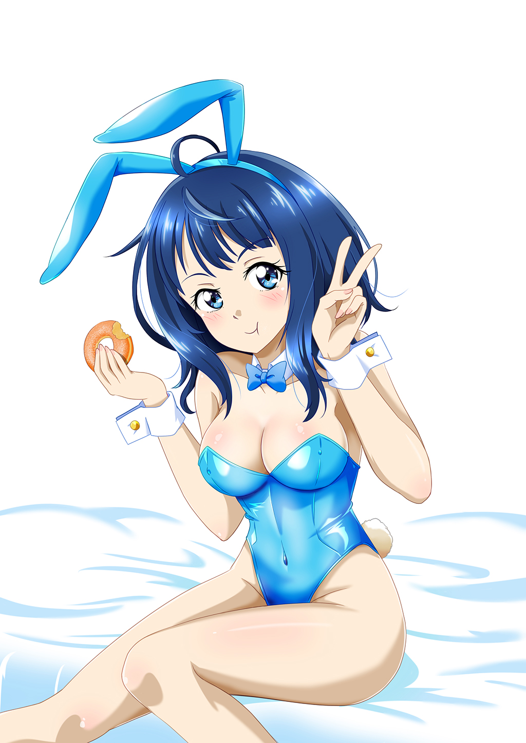 1girl animal_ears bare_legs blue_bow blue_bowtie blue_eyes blue_hair blue_leotard bow bowtie breasts chinese_commentary cleavage commentary_request covered_navel detached_collar doughnut eating feet_out_of_frame food gx9900wing highleg highleg_leotard highres leotard make_heroine_ga_oo_sugiru! medium_breasts medium_hair playboy_bunny rabbit_ears rabbit_tail simple_background sitting solo strapless strapless_leotard tail v white_background wrist_cuffs yanami_anna