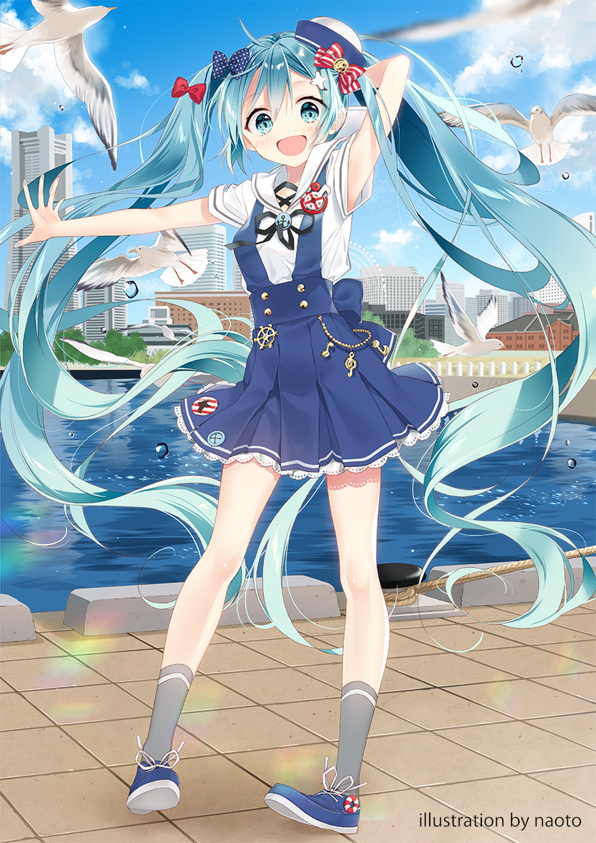 1girl ahoge aqua_eyes aqua_hair arm_up artist_request badge bird blue_sky blush bow day dress female_focus ferris_wheel floating_clothes hair_bow harbor hat hatsune_miku jewelry lifebuoy looking_at_viewer open_mouth promotional_art sailor_collar sailor_dress sailor_hat seagull shoes sidelocks sky smile sneakers solo swim_ring twintails vocaloid water_drop watermark yokohama yokohama_doll_museum_miku yokohama_landmark_tower