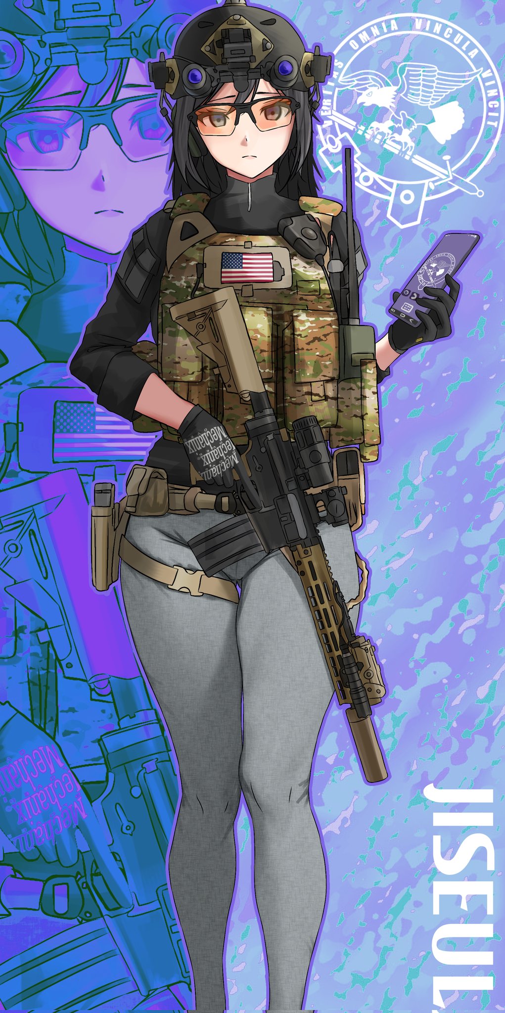 1girl american_flag black_eyes black_gloves black_hair black_helmet camouflage_vest cellphone character_name closed_mouth combat_helmet commentary commentary_request corrupted_twitter_file dgkamikaze english_commentary fatigues foot_out_of_frame gloves grey_pants helmet highres holding holding_phone jiseul_(aceno_9029) lands original pants phone second-party_source serious smartphone solo standing thigh_strap thighs walkie-talkie zoom_layer