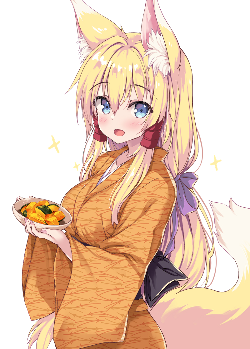 1girl :d animal_ear_fluff animal_ears blonde_hair blue_eyes bow bowl breasts commentary_request food food_request fox_ears fox_girl fox_tail hair_between_eyes hair_bow holding holding_bowl japanese_clothes kimono long_sleeves looking_at_viewer medium_breasts obi open_mouth orange_kimono original pink_nails purple_bow sash simple_background smile solo tail tateha_(marvelous_grace) white_background wide_sleeves