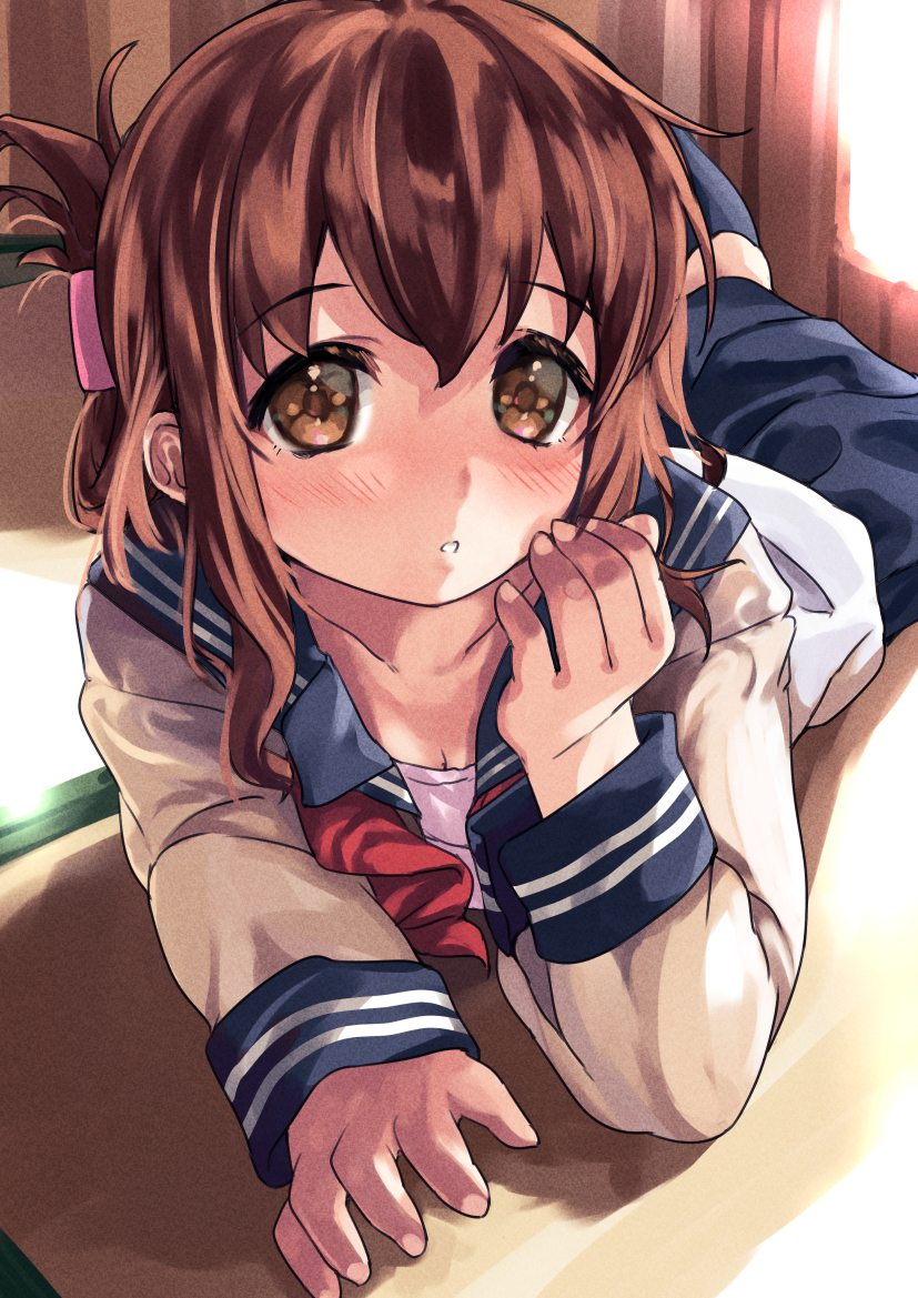 1girl black_sailor_collar black_skirt blush brown_hair commentary_request destroyer inazuma_(kancolle) kantai_collection long_hair long_sleeves lying military military_vehicle neckerchief nukoyarou on_back pleated_skirt red_neckerchief sailor_collar school_uniform serafuku ship shirt skirt solo warship watercraft white_shirt