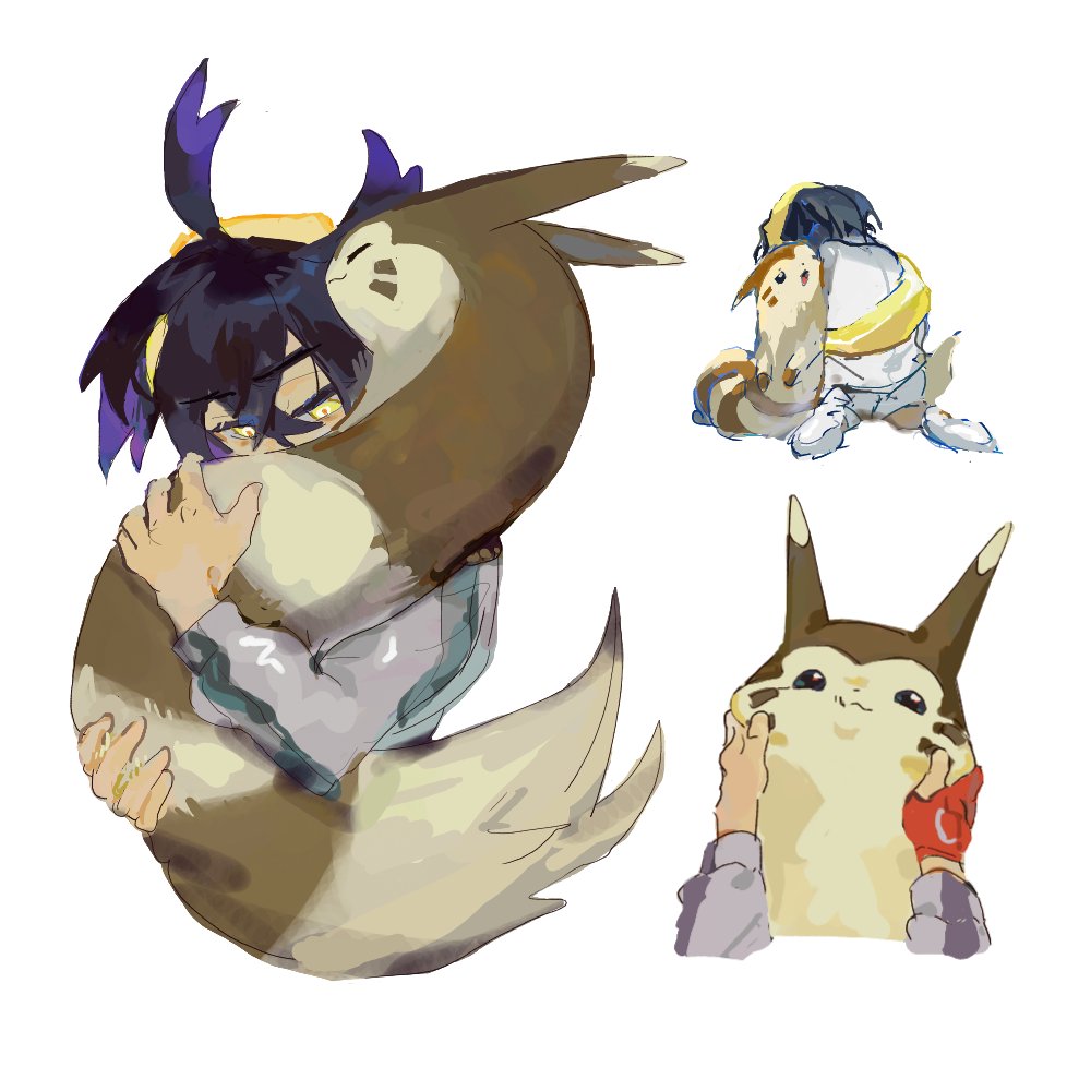 1boy bag black_hair closed_eyes closed_mouth creatures_(company) furret game_freak gen_2_pokemon gloves hair_between_eyes hairband hands_on_another&#039;s_cheeks hands_on_another&#039;s_face hug jacket kieran_(pokemon) long_sleeves male_focus maumaujanken multiple_views nintendo open_mouth partially_fingerless_gloves pokemon pokemon_sv purple_hair shoes shorts simple_background single_glove white_background white_footwear white_jacket white_shorts yellow_bag yellow_eyes yellow_hairband