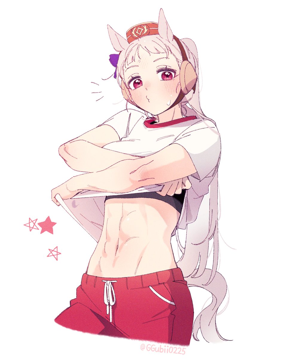 1girl abs animal_ears black_sports_bra blunt_bangs blush closed_mouth clothes_lift crossed_arms ggubii0225 gold_ship_(umamusume) grey_hair highres horse_ears horse_girl horse_tail long_hair looking_at_viewer navel pants pink_eyes red_pants shirt shirt_lift solo sports_bra sweat sweatpants tail umamusume undressing white_background white_shirt