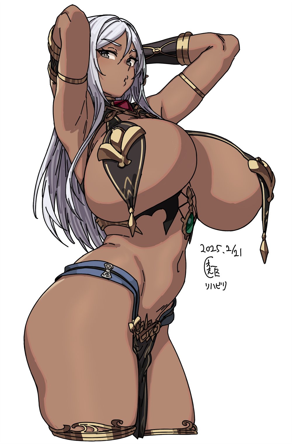 1girl armlet armpits arms_up breast_curtains breasts dark-skinned_female dark_skin dated grey_eyes highres houtengeki huge_breasts jewelry long_hair looking_at_viewer navel original parted_lips pelvic_curtain simple_background solo thighs white_background white_hair