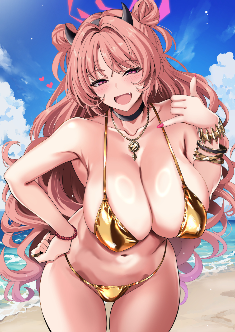 1girl bare_arms bare_legs bare_shoulders bikini black_choker blue_archive blush breasts choker cleavage collarbone cowboy_shot day double_bun fake_horns fang fingernails gold_bikini groin hair_bun halo highres horns jewelry kirara_(blue_archive) kyogoku_shin large_breasts long_hair looking_at_viewer nail_polish necklace open_mouth outdoors pink_eyes pink_hair pink_halo pink_nails smile solo swimsuit