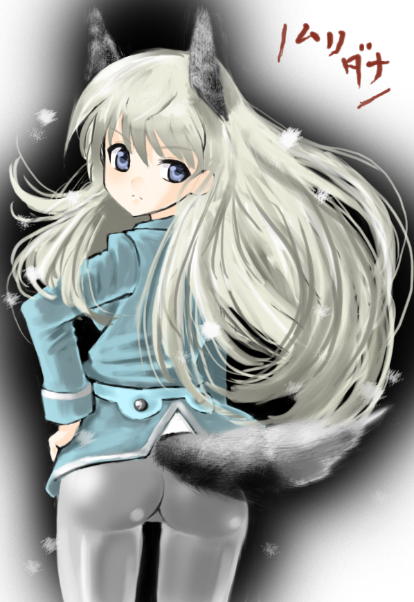 00s 1girl animal_ears ass bad_id bad_pixiv_id blonde_hair blue_eyes eila_ilmatar_juutilainen female_focus kidanieru long_hair military military_uniform muri_da_na pantyhose snow solo strike_witches tail translated white_pantyhose world_witches_series