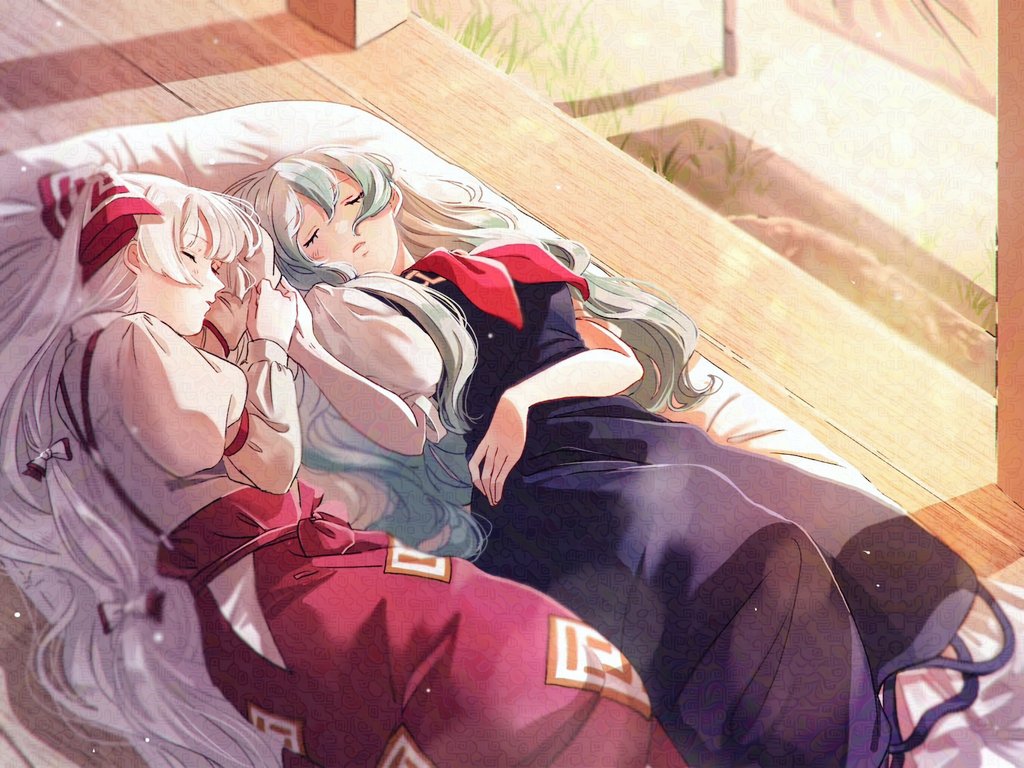 2girls blue_dress blue_hair blush bow breasts closed_eyes dress fujiwara_no_mokou futon grass hair_bow holding_hands kamishirasawa_keine long_hair long_sleeves mokoiscat multicolored_hair multiple_girls ofuda ofuda_on_clothes open_mouth pants red_pants red_ribbon ribbon shirt short_sleeves sleeping sleeping_together suspenders touhou very_long_hair white_bow white_hair wooden_floor yuri