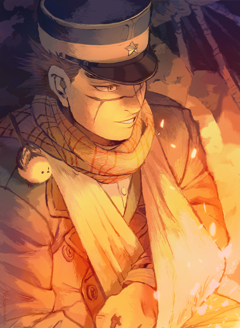 1boy animal animal_on_shoulder arm_sling bird bird_on_shoulder brown_hair golden_kamuy hat kepi long-tailed_tit male_focus military_hat nekosoul outdoors scar scar_on_face scarf smile solo sugimoto_saichi tit_(bird) upper_body