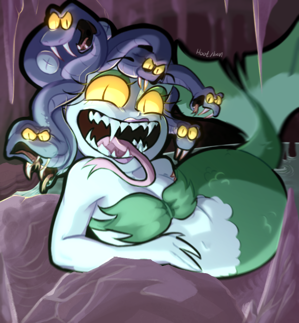 1girl cala_maria_(cuphead) cuphead_(game) fangs hootbun looking_at_viewer mermaid monster_girl purple_hair sharp_teeth slit_pupils snake_hair solo teeth tentacle_hair tongue tongue_out