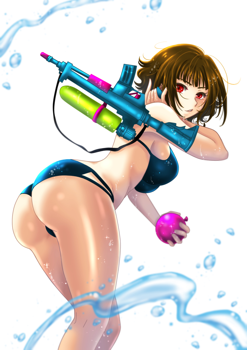 1girl bikini black_bikini breasts brown_hair chi_wa guildstars gun highres holding holding_gun holding_weapon leaning_forward looking_at_viewer looking_back medium_breasts parted_lips red_eyes shiny_skin short_hair sideboob simple_background solo standing swimsuit water_gun weapon white_background