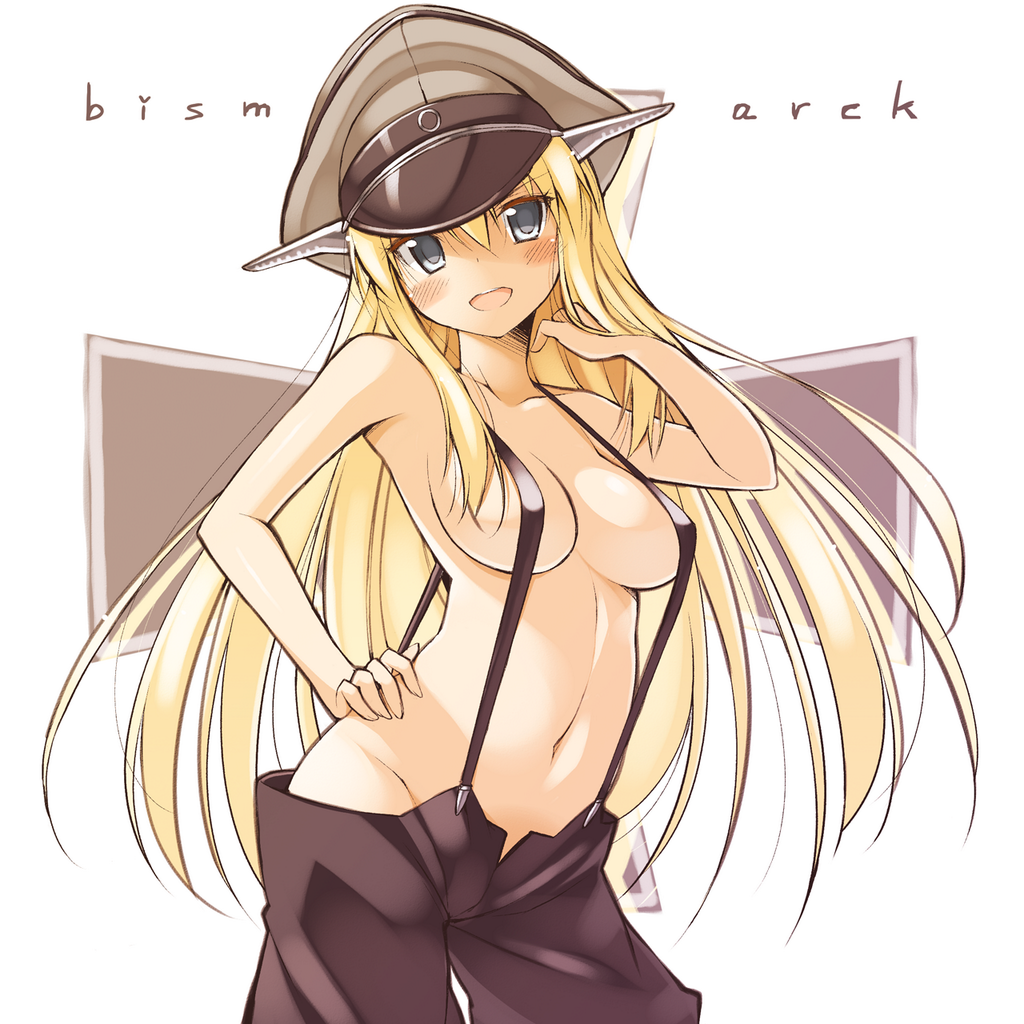 1girl bakuretsu_hunters bismarck_(kancolle) blonde_hair blush breasts chocolate_misu chocolate_misu_(cosplay) cosplay female_focus green_eyes hat kantai_collection looking_at_viewer md5_mismatch medium_breasts military_hat naked_suspenders no_panties ohta_yuichi open_mouth pants parody peaked_cap personification resized resolution_mismatch solo source_larger standing suspenders topless